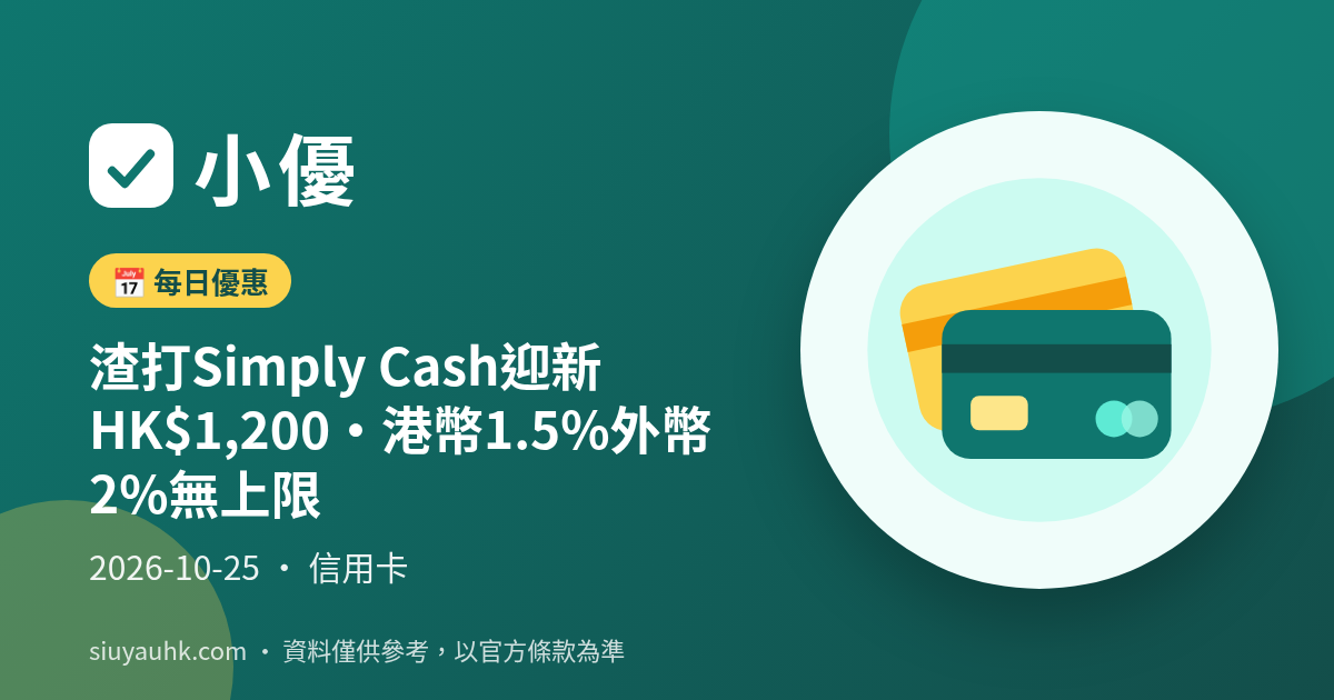 渣打Simply Cash迎新HK$1,200・港幣1.5%外幣2%無上限
