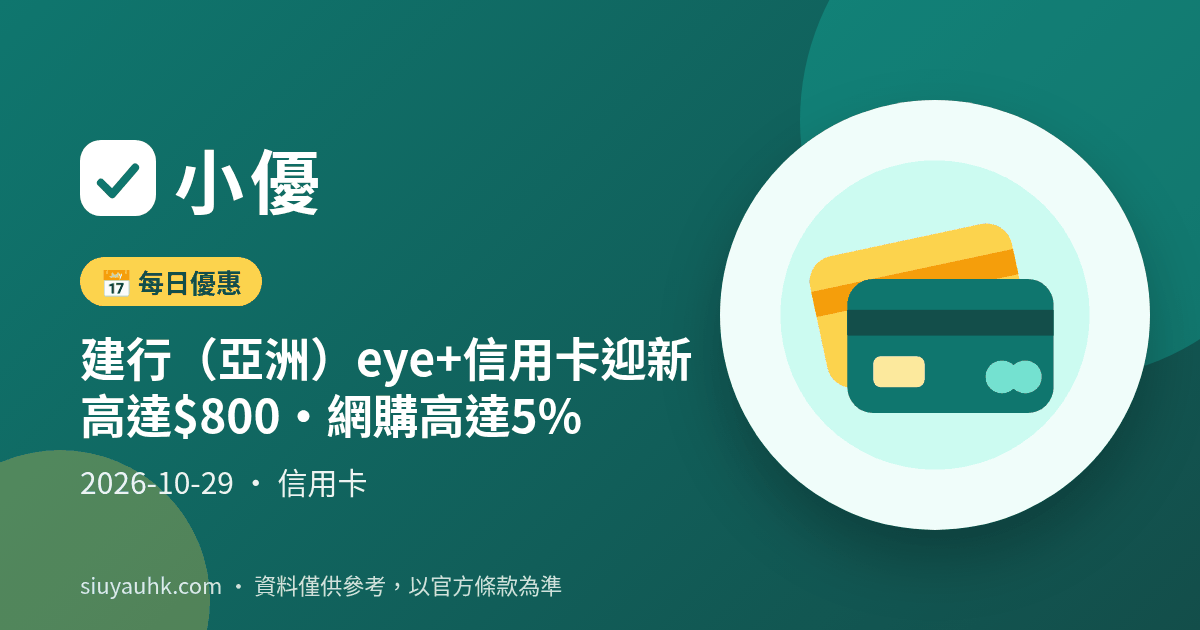 建行(亞洲)eye+信用卡迎新高達$800・網購高達5%